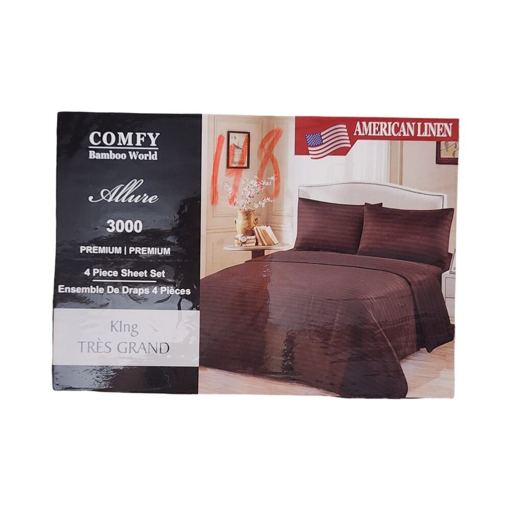 American Linen Allure 3000 King Sheet Set Comfy Bamboo World Chocolate Brown 4Pc